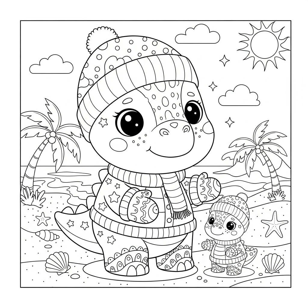 Desenho de dinossauro para colorir em traje de inverno com luvas na praia