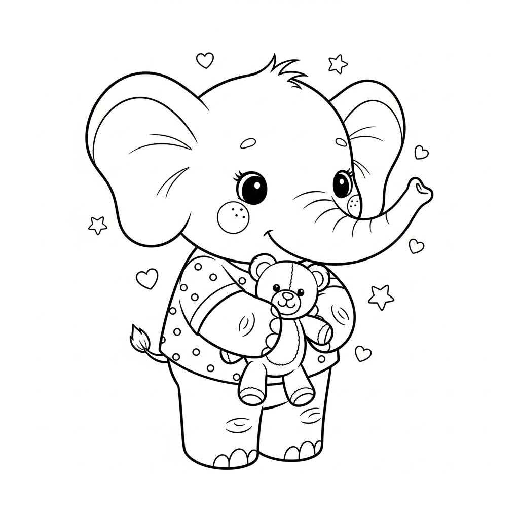 Desenho de elefante para colorir abraçando ursinho de pelúcia com estrelinhas e corações