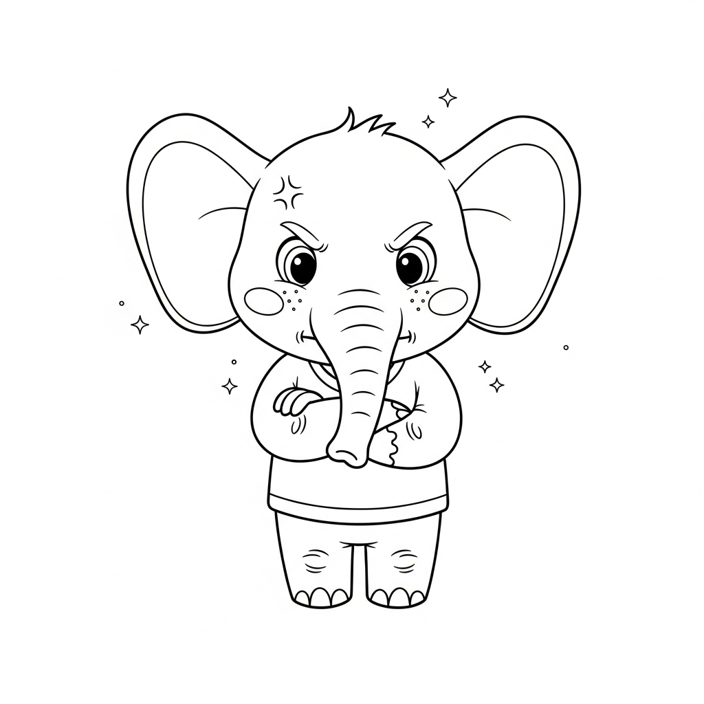 Desenho de elefante para colorir zangado com braços cruzados