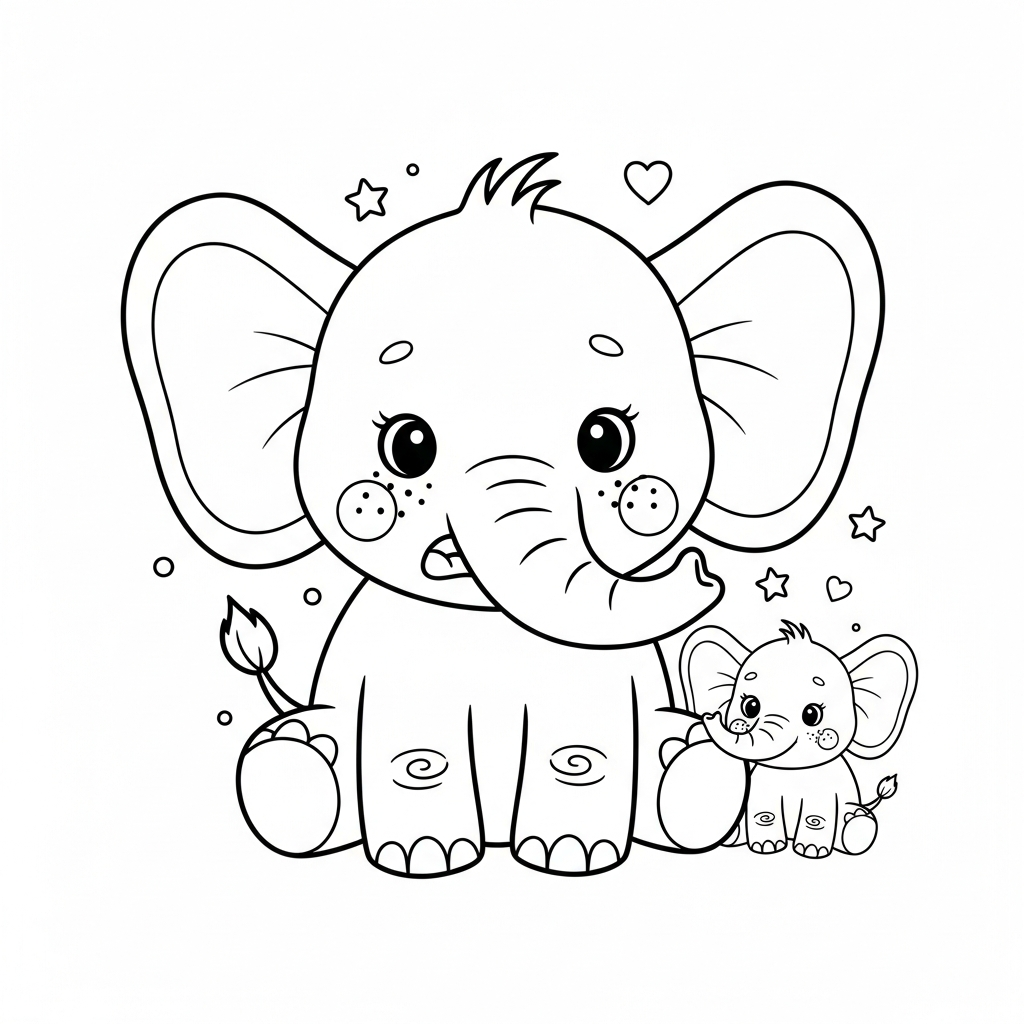 Desenho de elefante para colorir assustado com cabelo em pé, estrelinhas e corações.