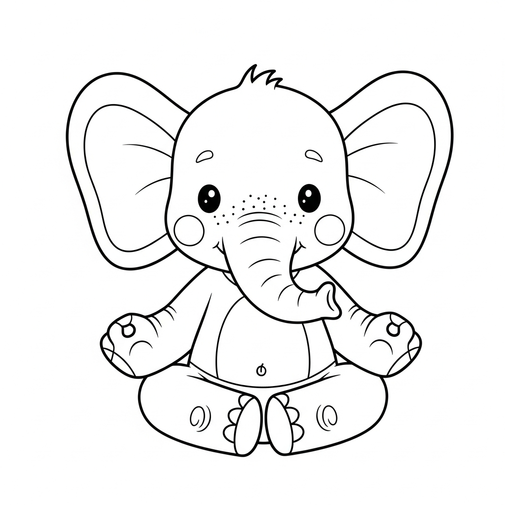 Desenho de elefante para colorir meditando calmo de pernas cruzadas com flor pequena