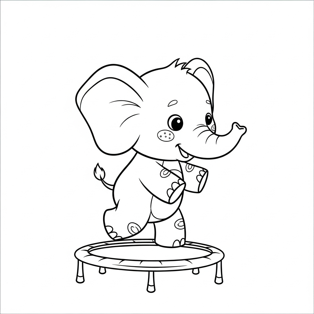 Desenho de elefante para colorir pulando alegremente em uma cama elástica