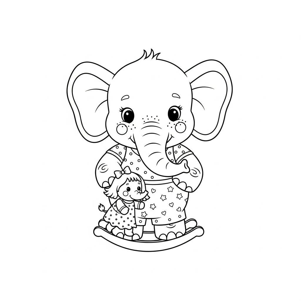 Desenho de elefante para colorir brincando de embalar uma boneca
