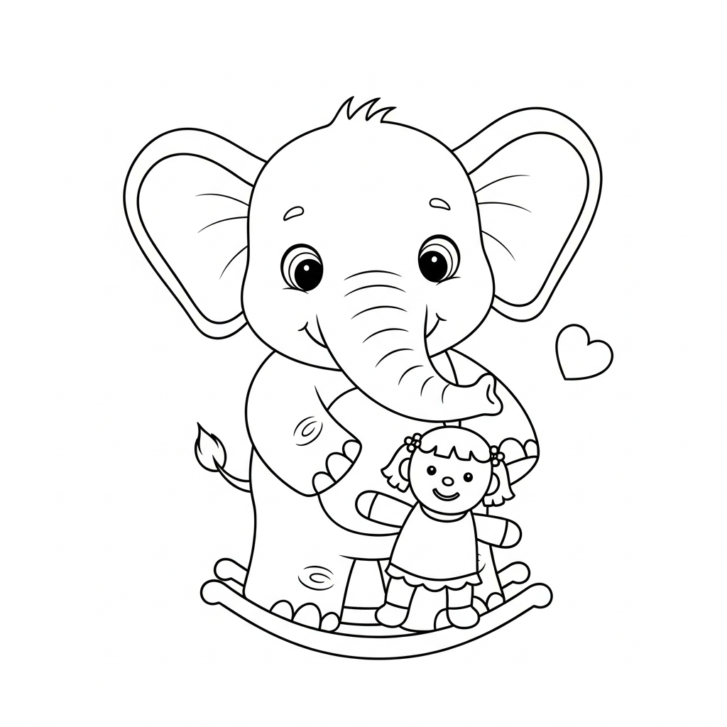 Desenho de elefante para colorir embalando uma boneca perto de uma bola pequena.