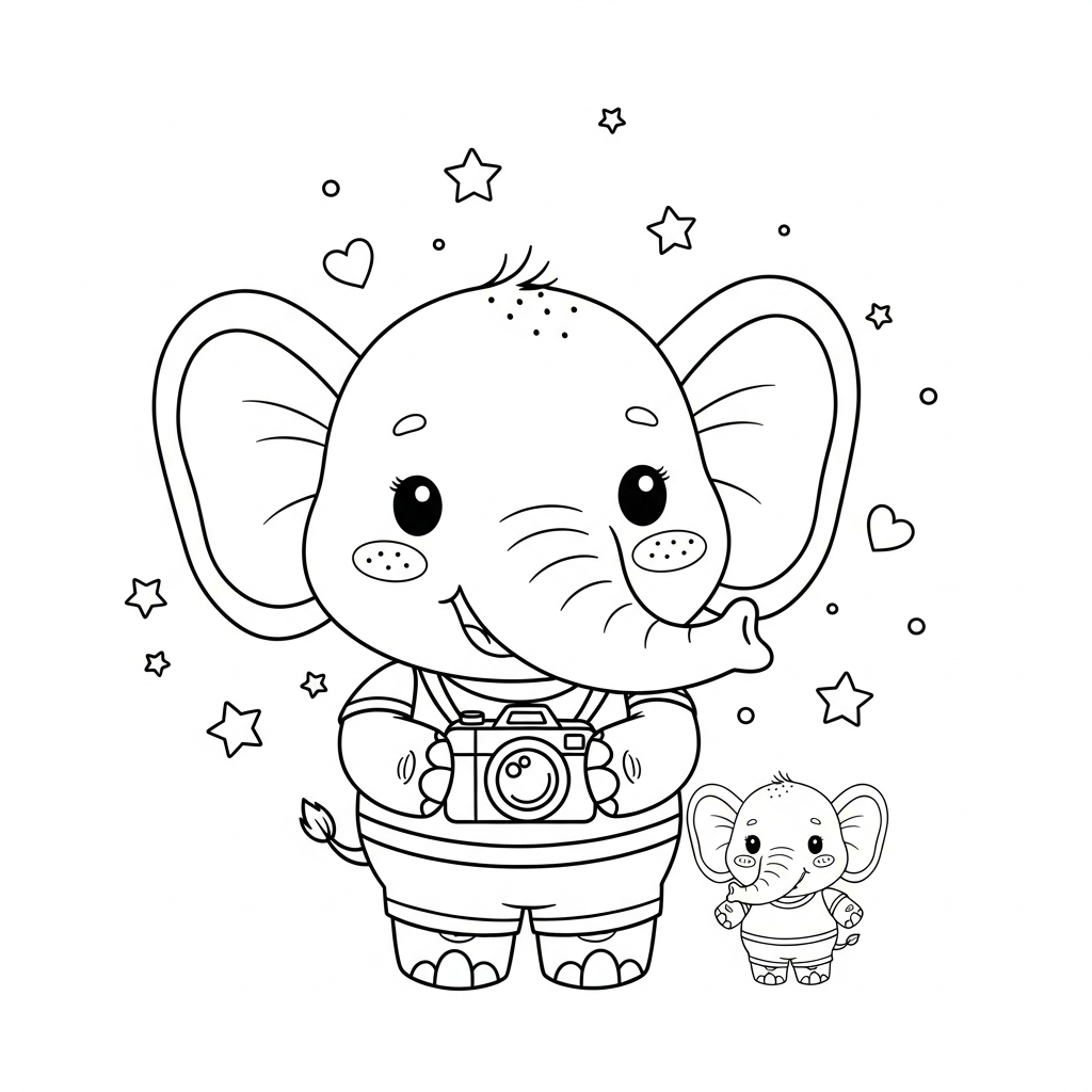 Desenho de elefante para colorir vestido de fotógrafo com câmera, estrelinhas e corações.
