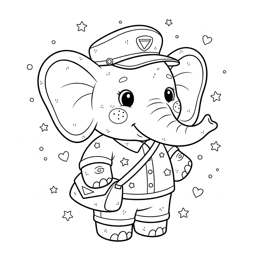 Desenho de elefante para colorir vestido de carteiro com bolsa, estrelinhas e corações.