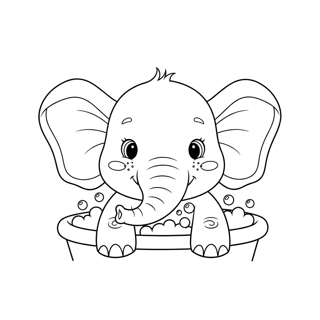 Desenho de elefante para colorir tomando banho na banheira com bolhas em contorno