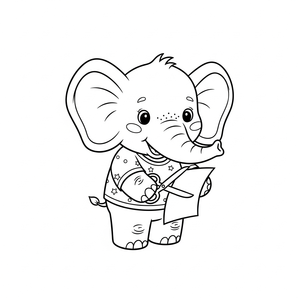 Desenho de elefante para colorir recortando papel cuidadosamente com uma tesoura