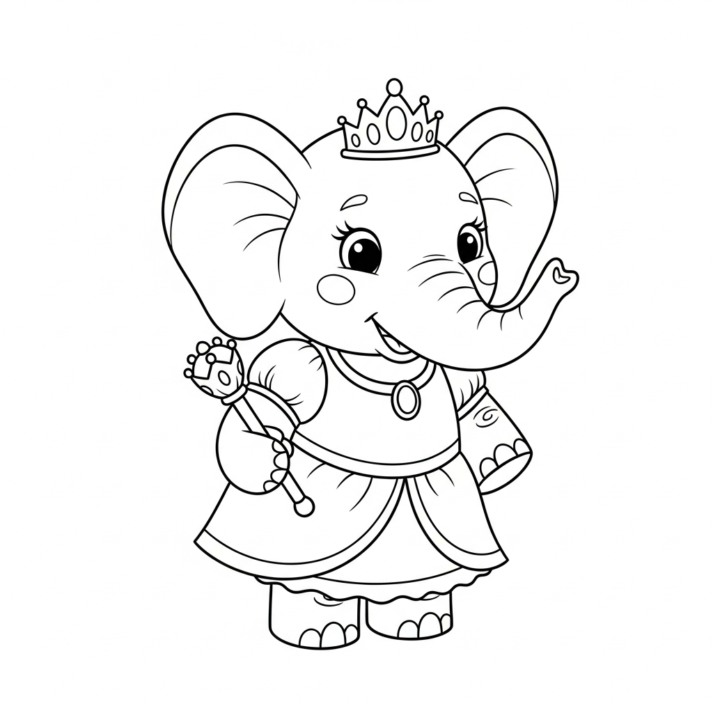 Desenho de elefante para colorir vestido de princesa com tiara e cetro