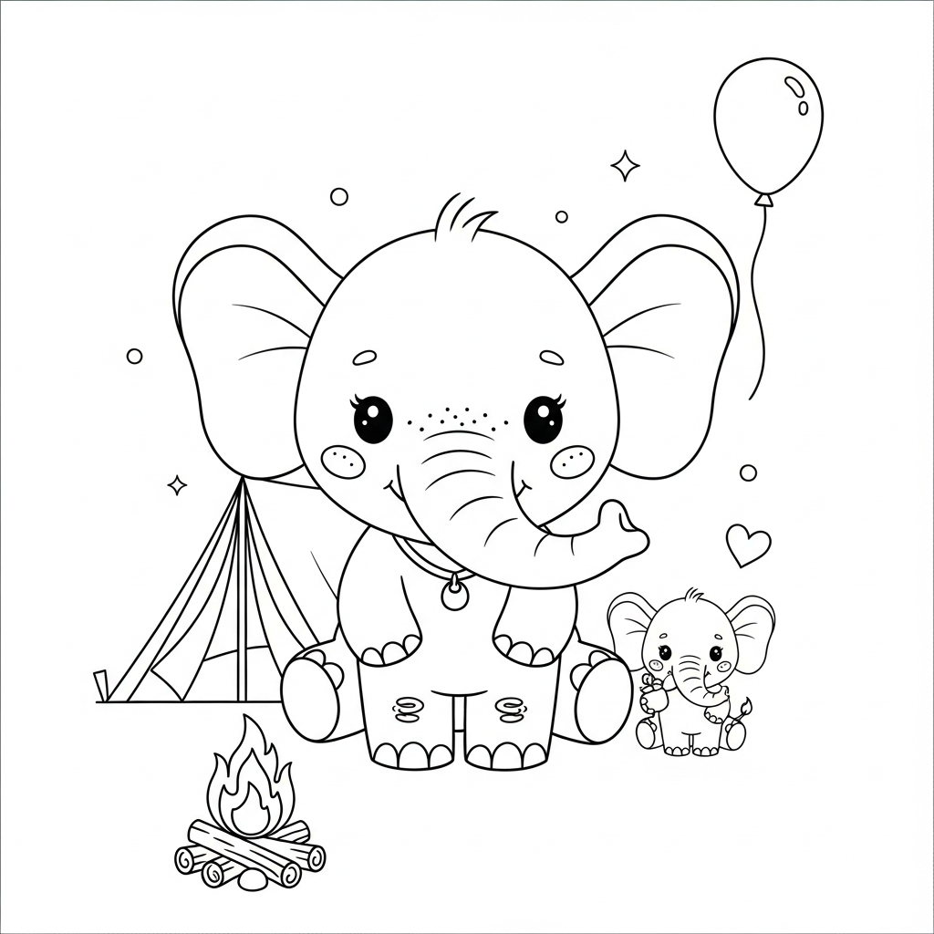 Desenho de elefante para colorir acampando em barraca com fogueira e mochila.