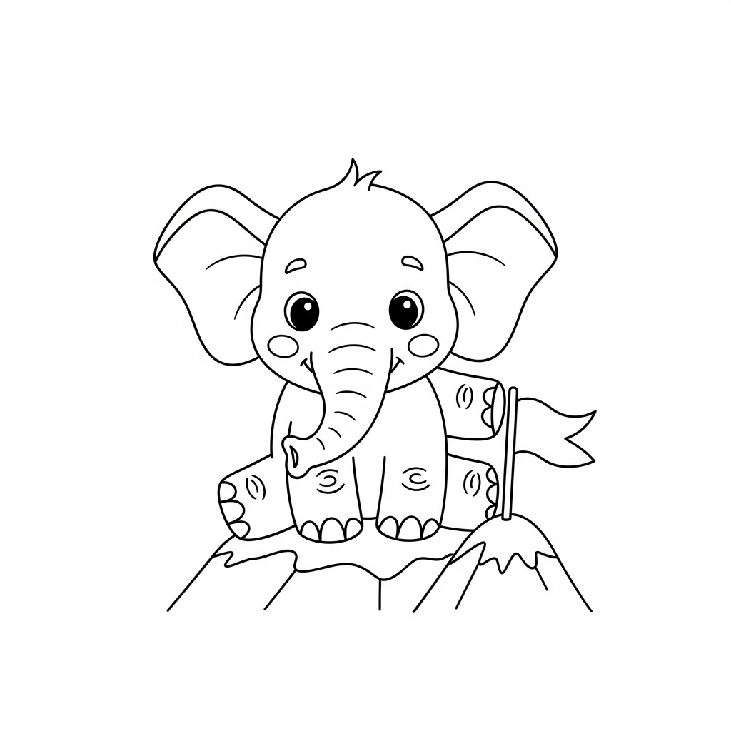 Desenho de elefante para colorir plantando bandeira no topo da montanha