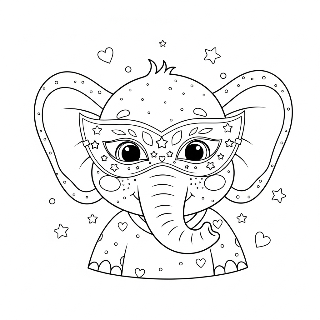 Desenho de elefante para colorir usando máscara de carnaval com estrelinhas e corações