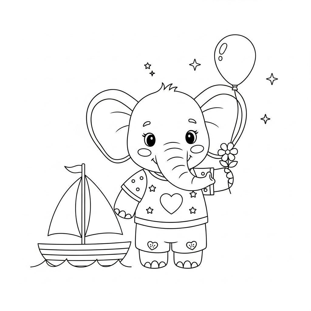 Desenho de elefante para colorir dirigindo barco a vela com bússola pequena