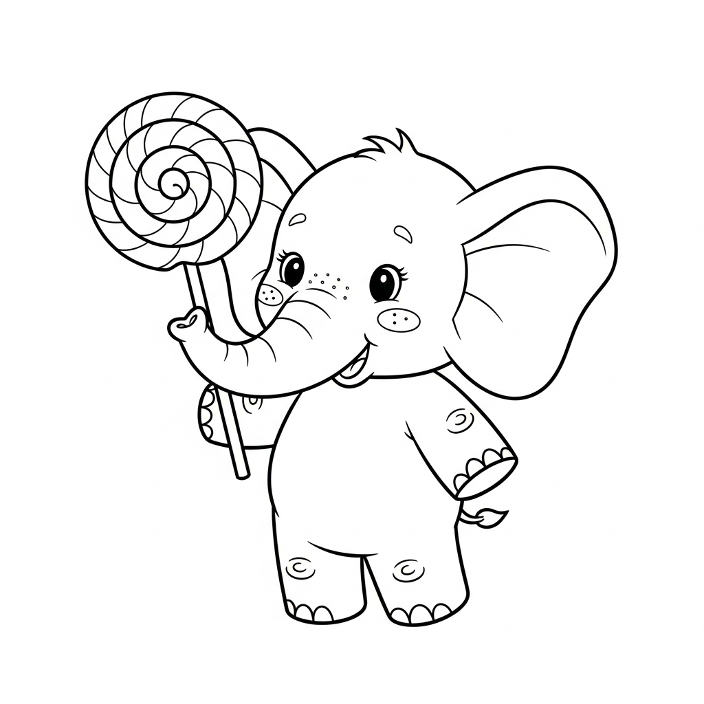 Desenho de elefante para colorir segurando um pirulito gigante alegremente