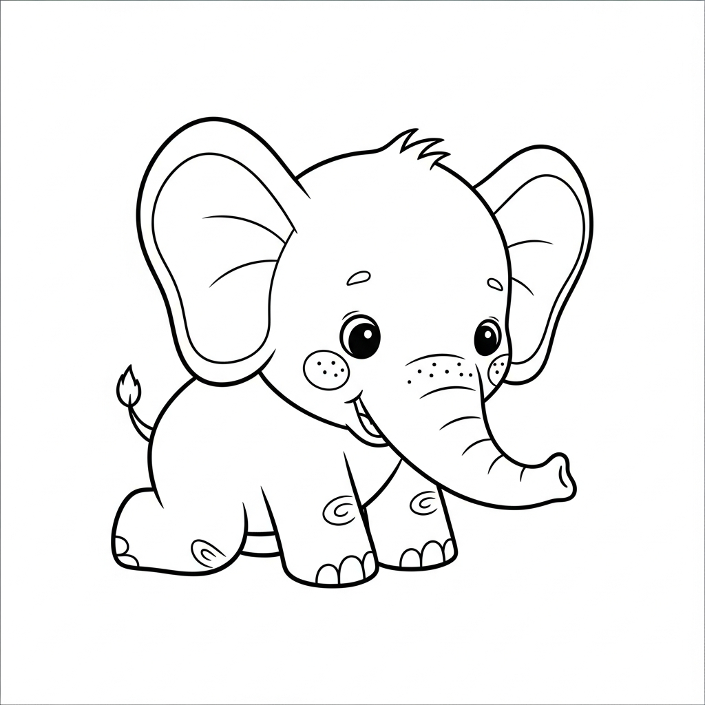 Desenho de elefante para colorir agachado alcançando uma bolinha no chão