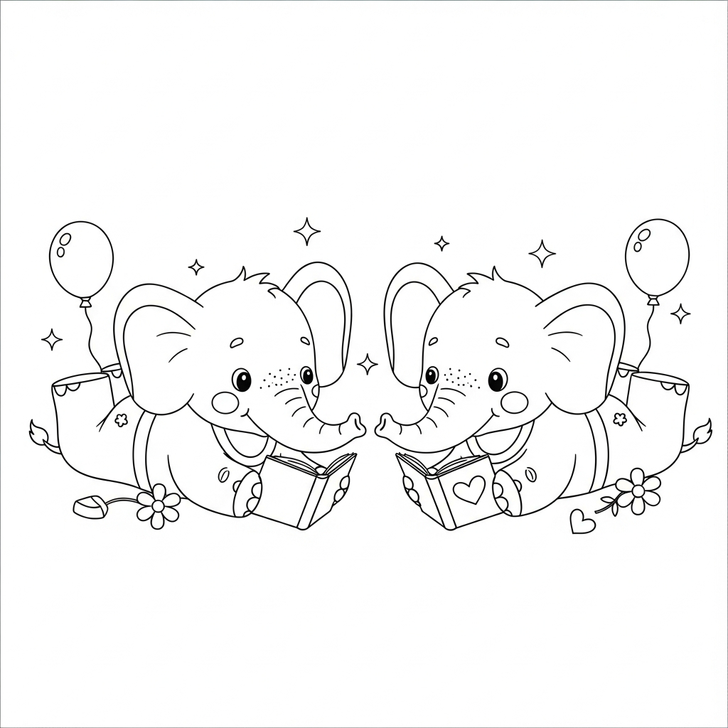 Desenho de elefante para colorir deitado de barriga para baixo lendo com flor pequena