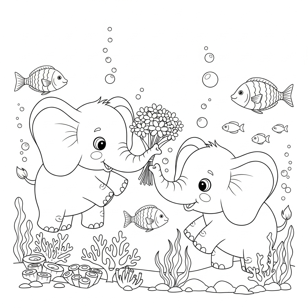 Desenho de elefante para colorir segurando buquê no fundo do mar com peixes