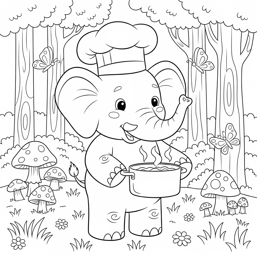 Desenho de elefante para colorir usando chapéu de chef, cozinhando na floresta com cogumelos.