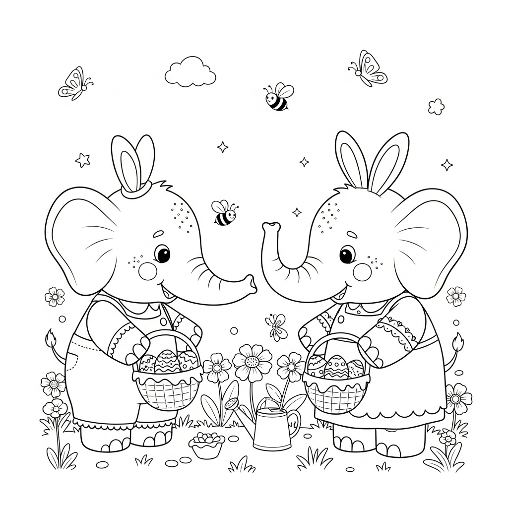 Desenho de elefante para colorir segurando cesta de Páscoa em jardim florido com abelhas