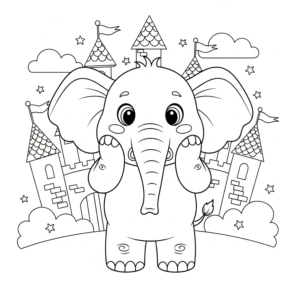 Desenho de elefante para colorir surpreso com mãos no rosto diante do castelo.