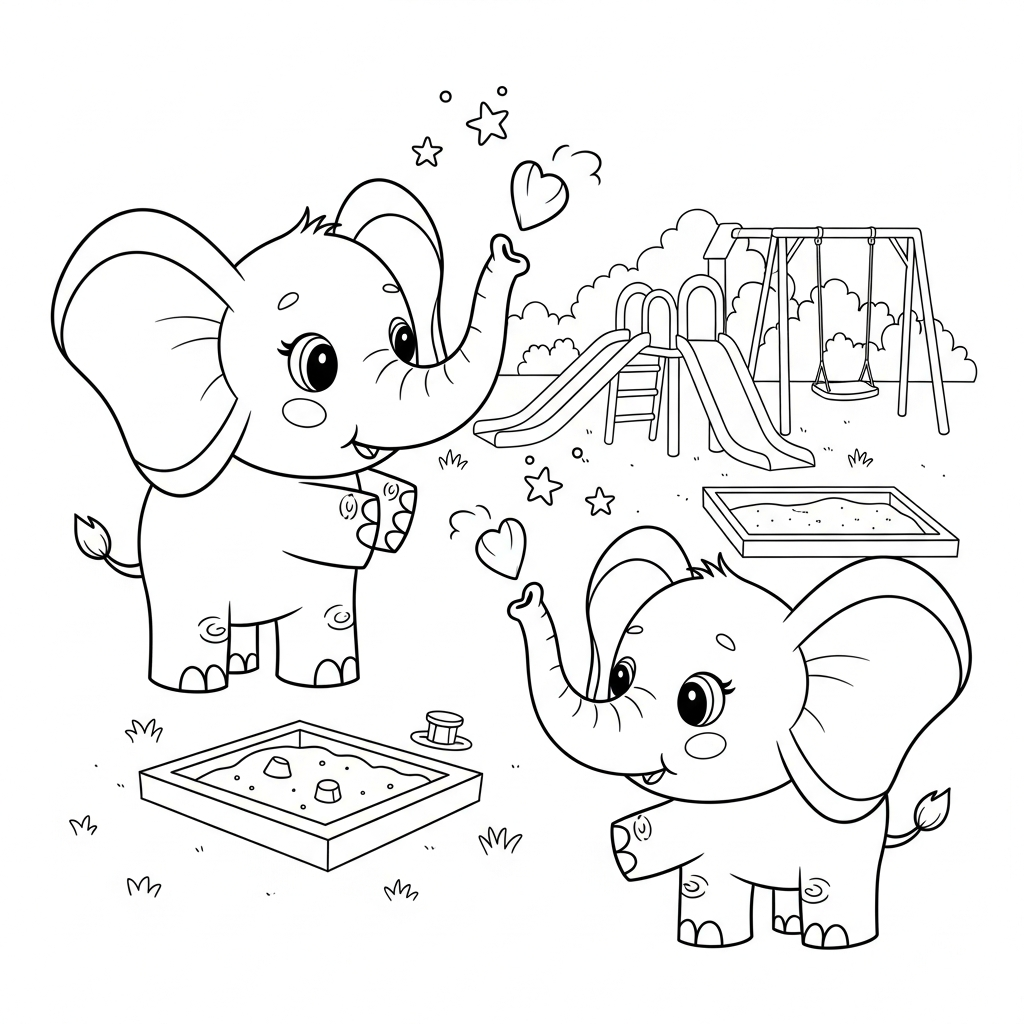 Desenho de elefante para colorir dando beijinho no ar no playground com escorregador.