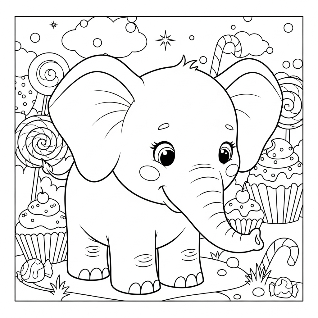 Desenho de elefante para colorir sorrindo timidamente olhando para baixo na terra dos doces