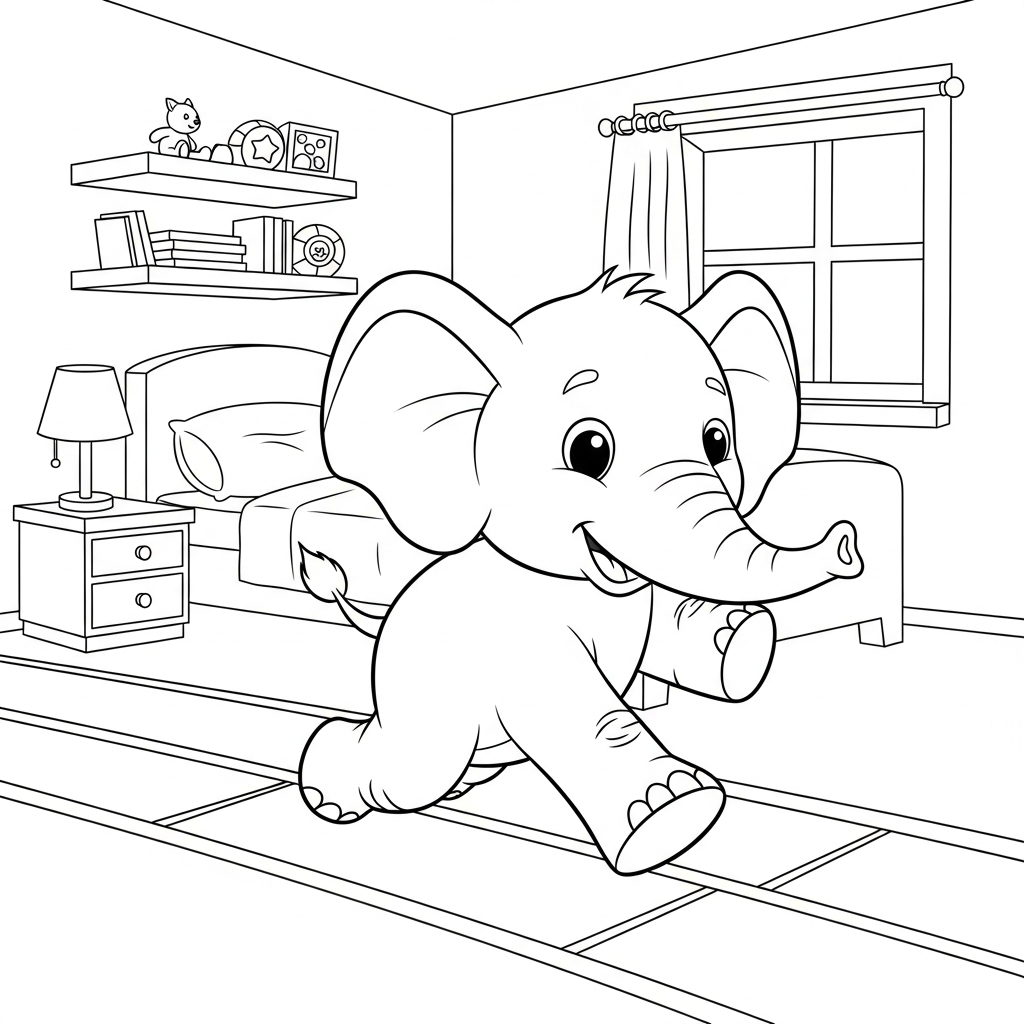 Desenho de elefante para colorir correndo em pista no quarto com cama e brinquedos