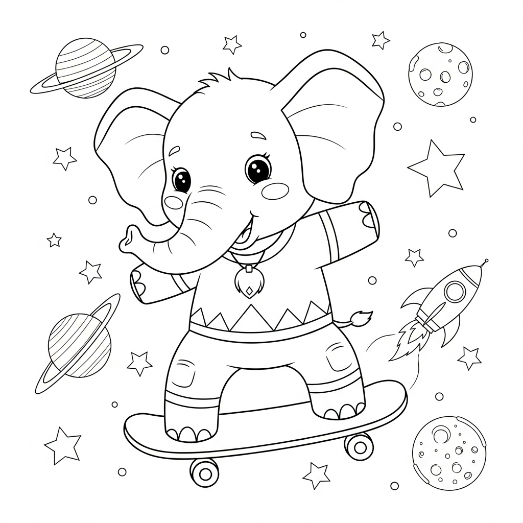 Desenho de elefante para colorir andando de skate em manobra no espaço com planetas e foguete