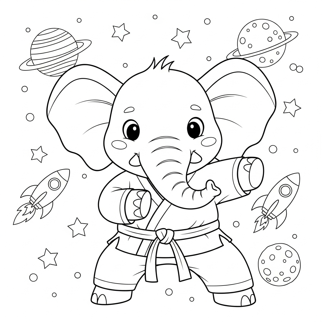 Desenho de elefante para colorir praticando karatê em ataque no espaço.