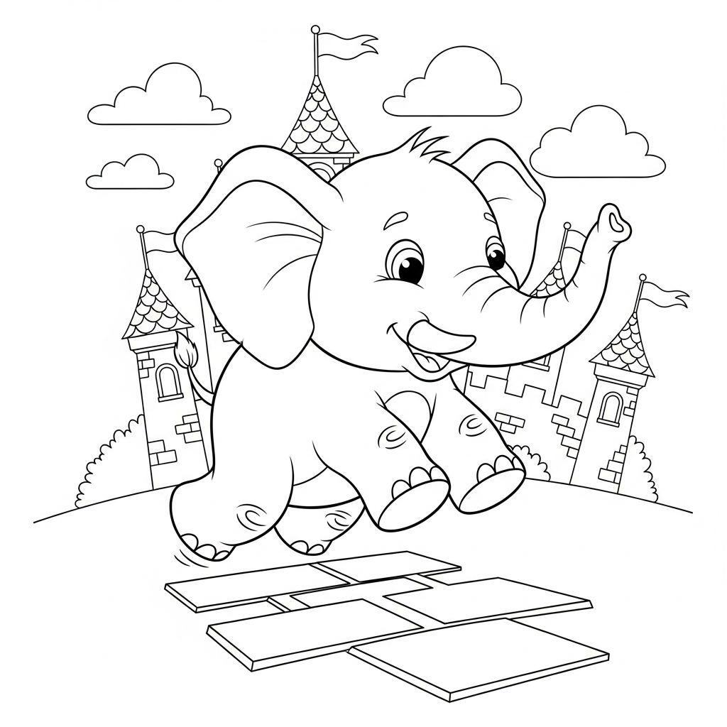 Desenho de elefante para colorir jogando amarelinha diante de castelo de conto de fadas.