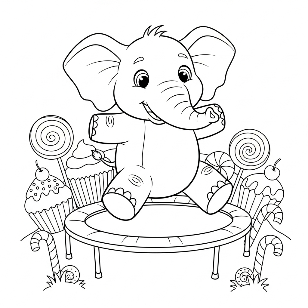 Desenho de elefante para colorir pulando em cama elástica na terra dos doces