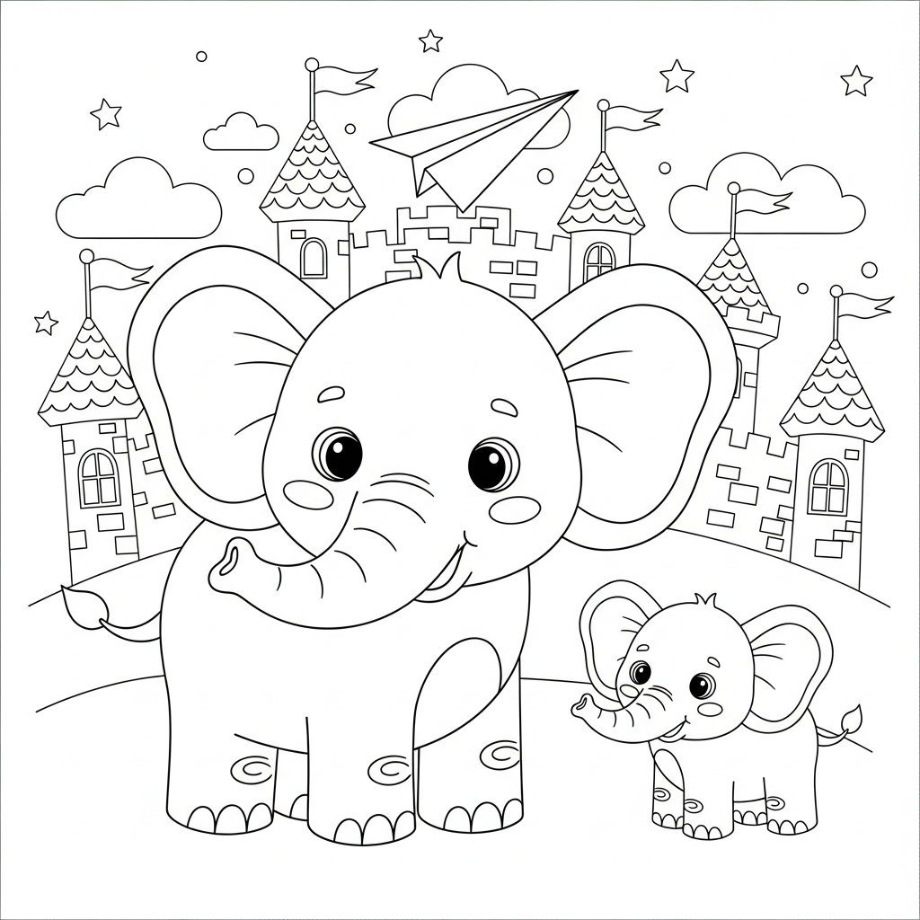 Desenho de elefante para colorir brincando com avião de papel no castelo encantado.