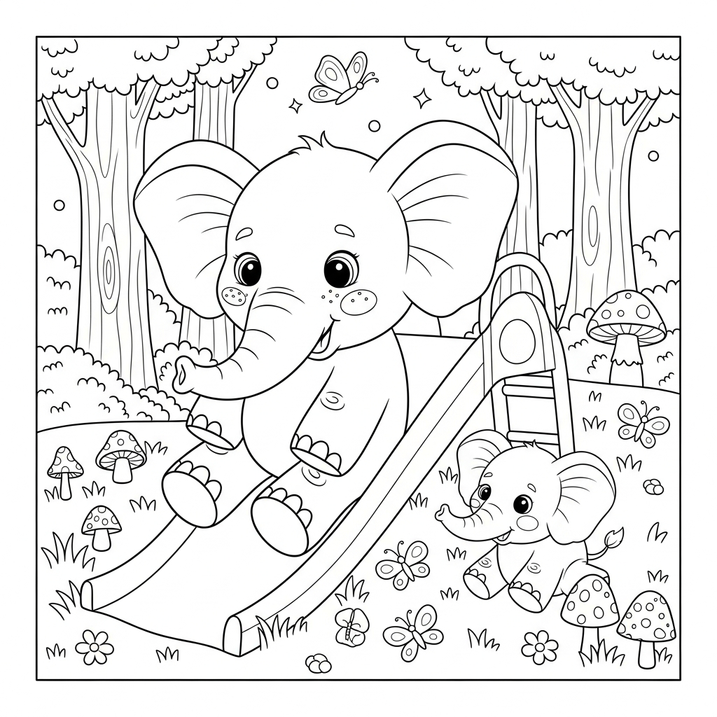 Desenho de elefante para colorir escorregando em escorregador na floresta com cogumelos e borboletas
