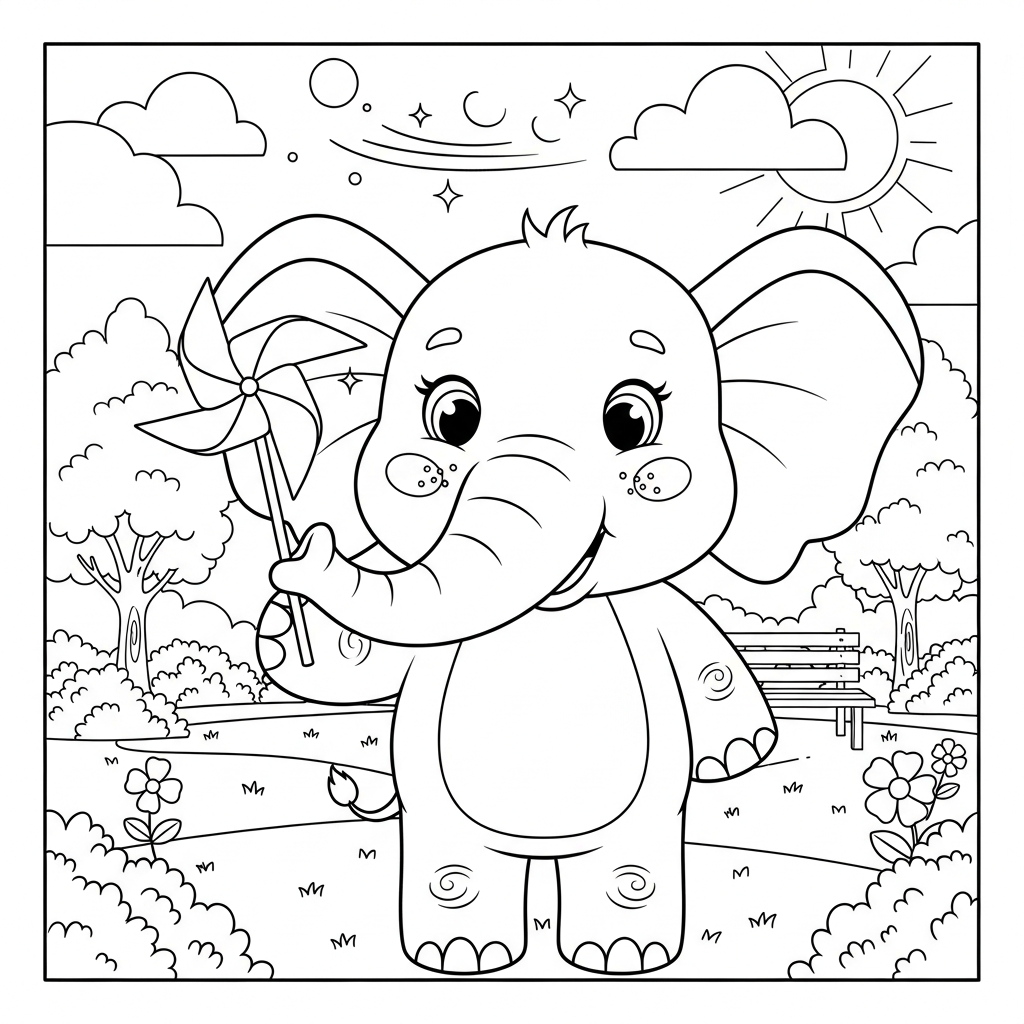 Desenho de elefante para colorir brincando com cata-vento em parque ensolarado.