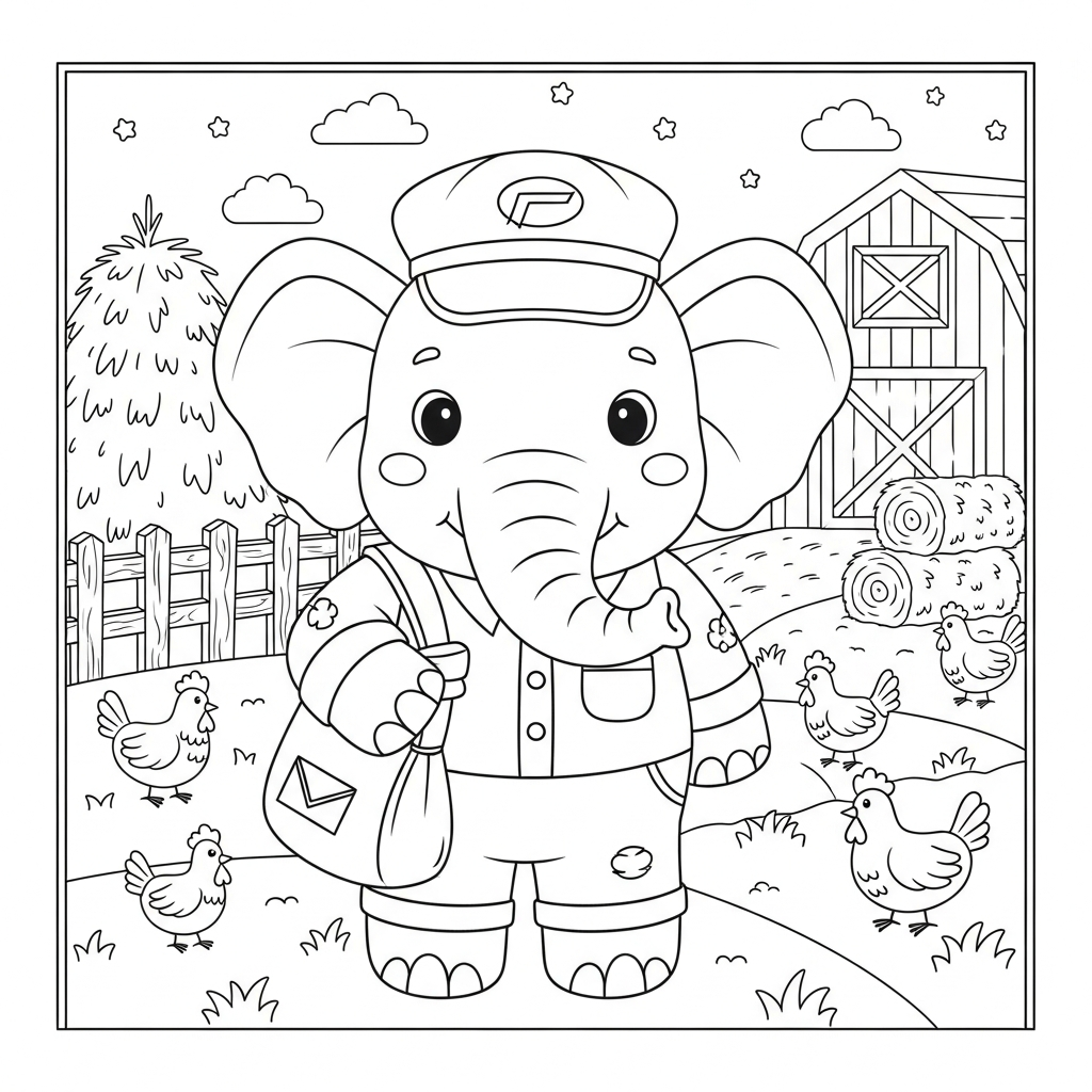 Desenho de elefante para colorir vestido de carteiro em fazenda com celeiro.