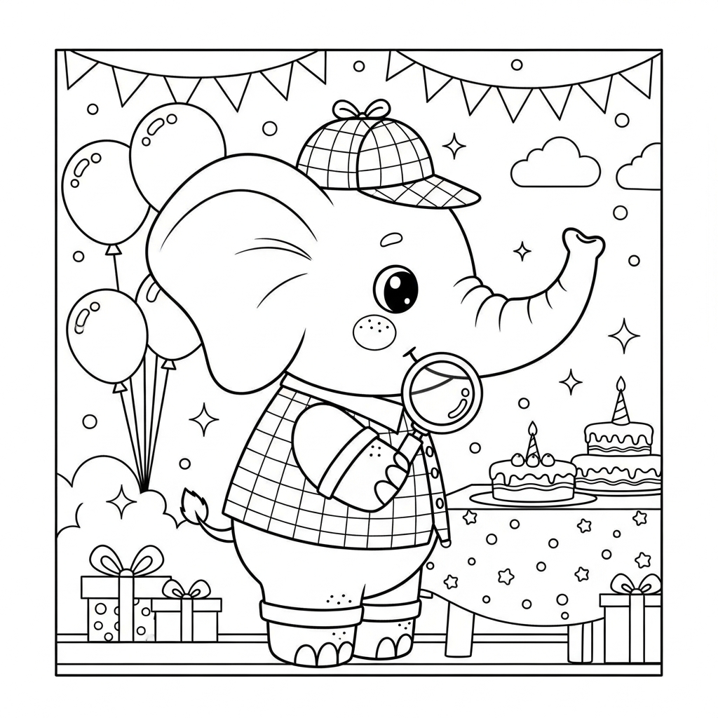 Desenho de elefante para colorir vestido de detetive com lupa em aniversário