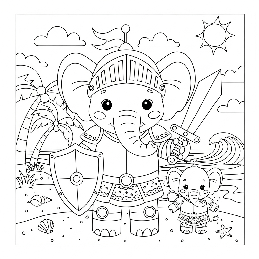 Desenho de elefante para colorir vestido de cavaleiro na praia com palmeiras.