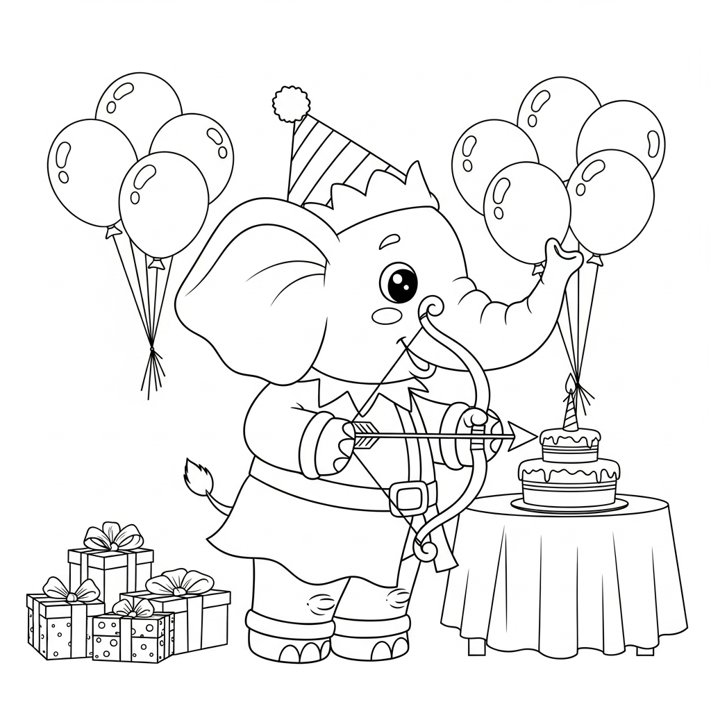 Desenho de elefante para colorir vestido de elfo com arco em aniversário