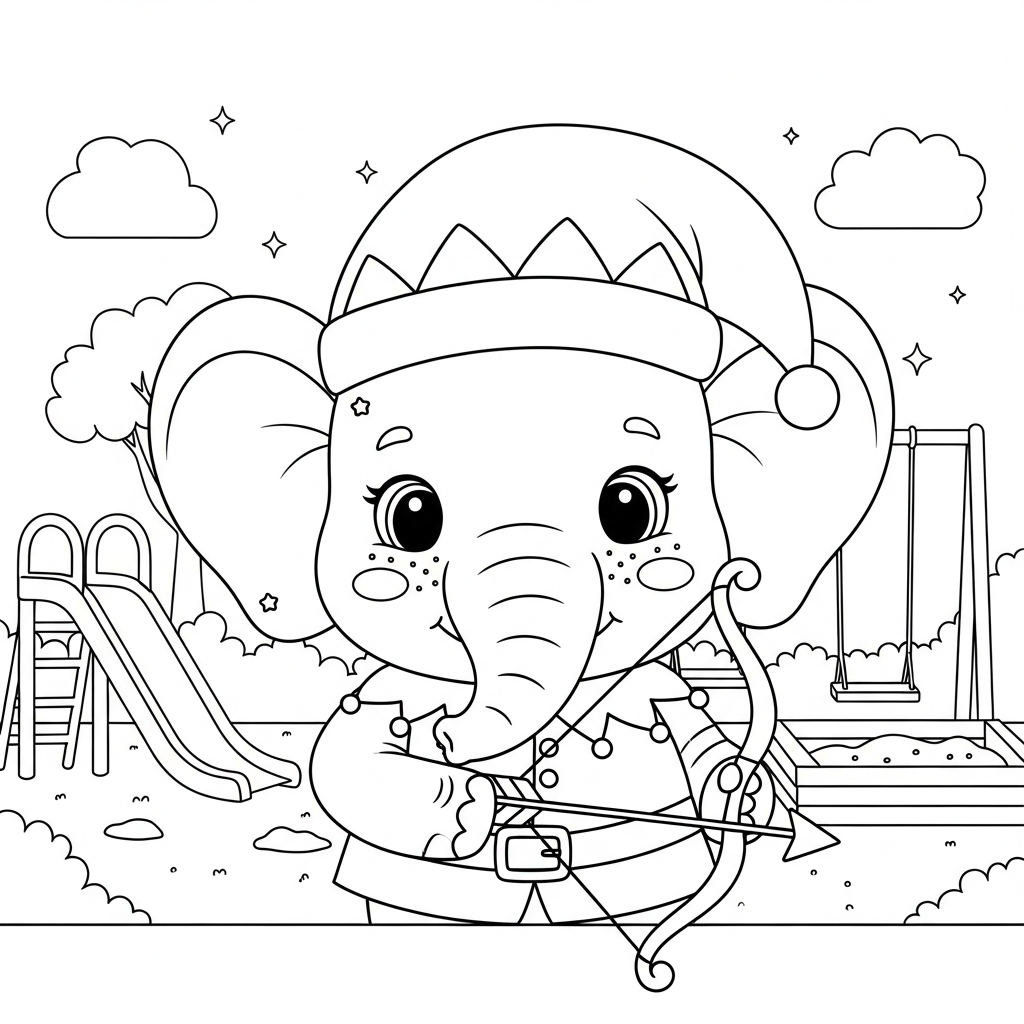 Desenho de elefante para colorir vestido de elfo com arco no playground.