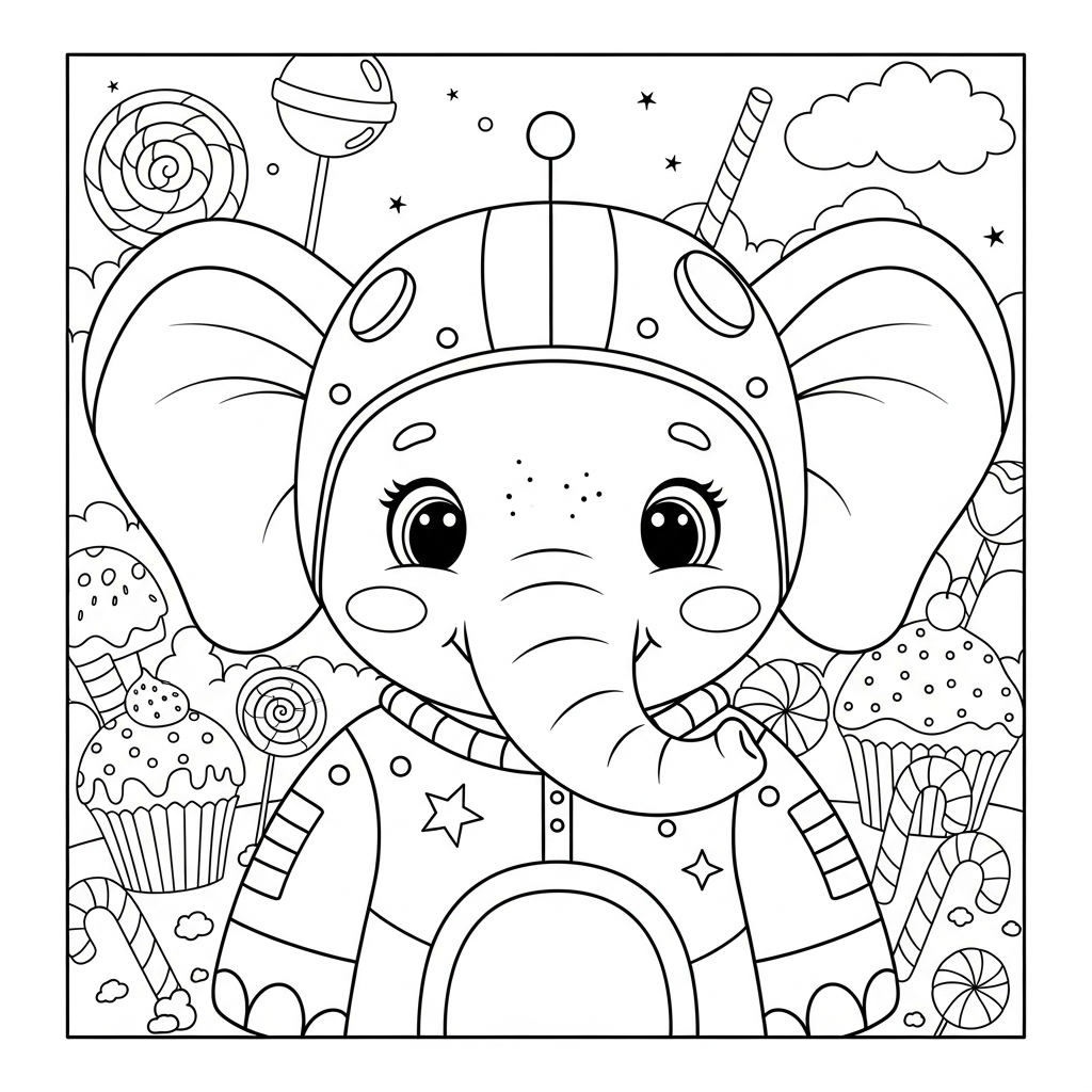 Desenho de elefante para colorir vestido de robô com luzes na terra dos doces