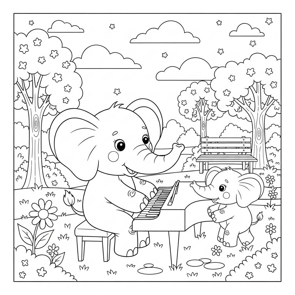 Desenho de elefante para colorir tocando piano com várias teclas em parque ensolarado.
