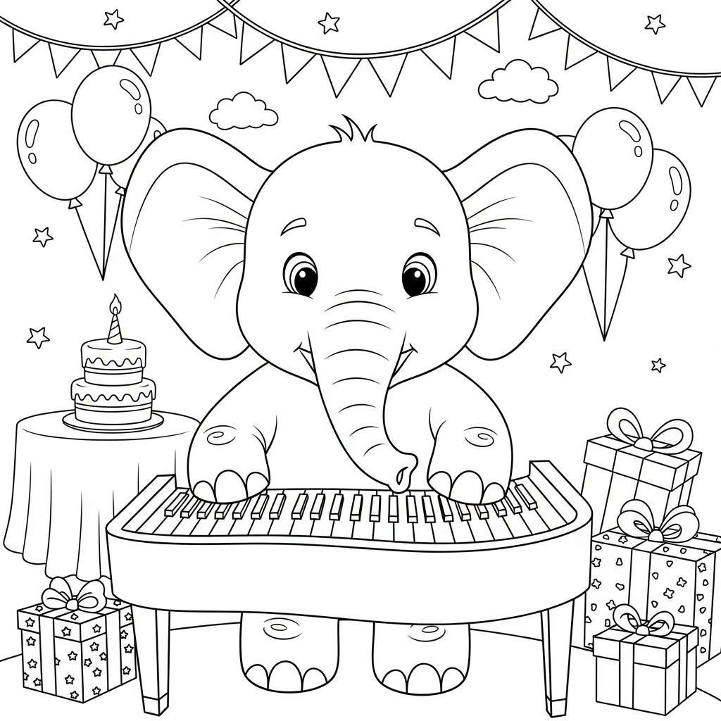Desenho de elefante para colorir tocando piano com várias teclas em festa de aniversário