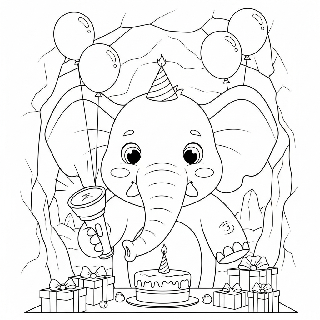 Desenho de elefante para colorir explorando caverna com lanterna em festa de aniversário