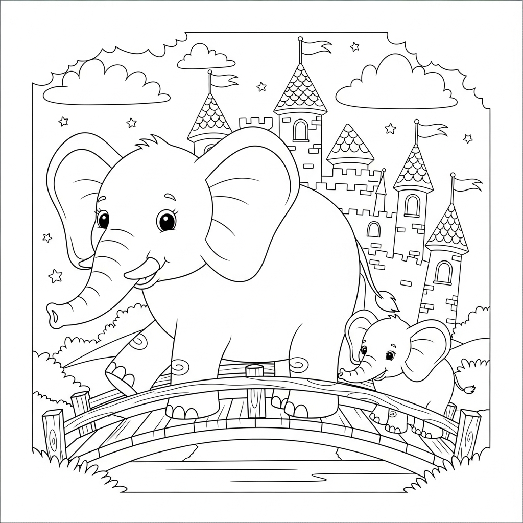 Desenho de elefante para colorir atravessando ponte de madeira diante de castelo encantado.