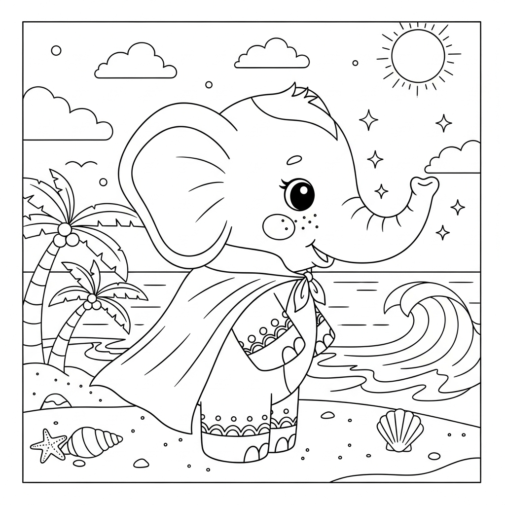 Desenho de elefante para colorir vestido de vampiro fofinho na praia com palmeiras