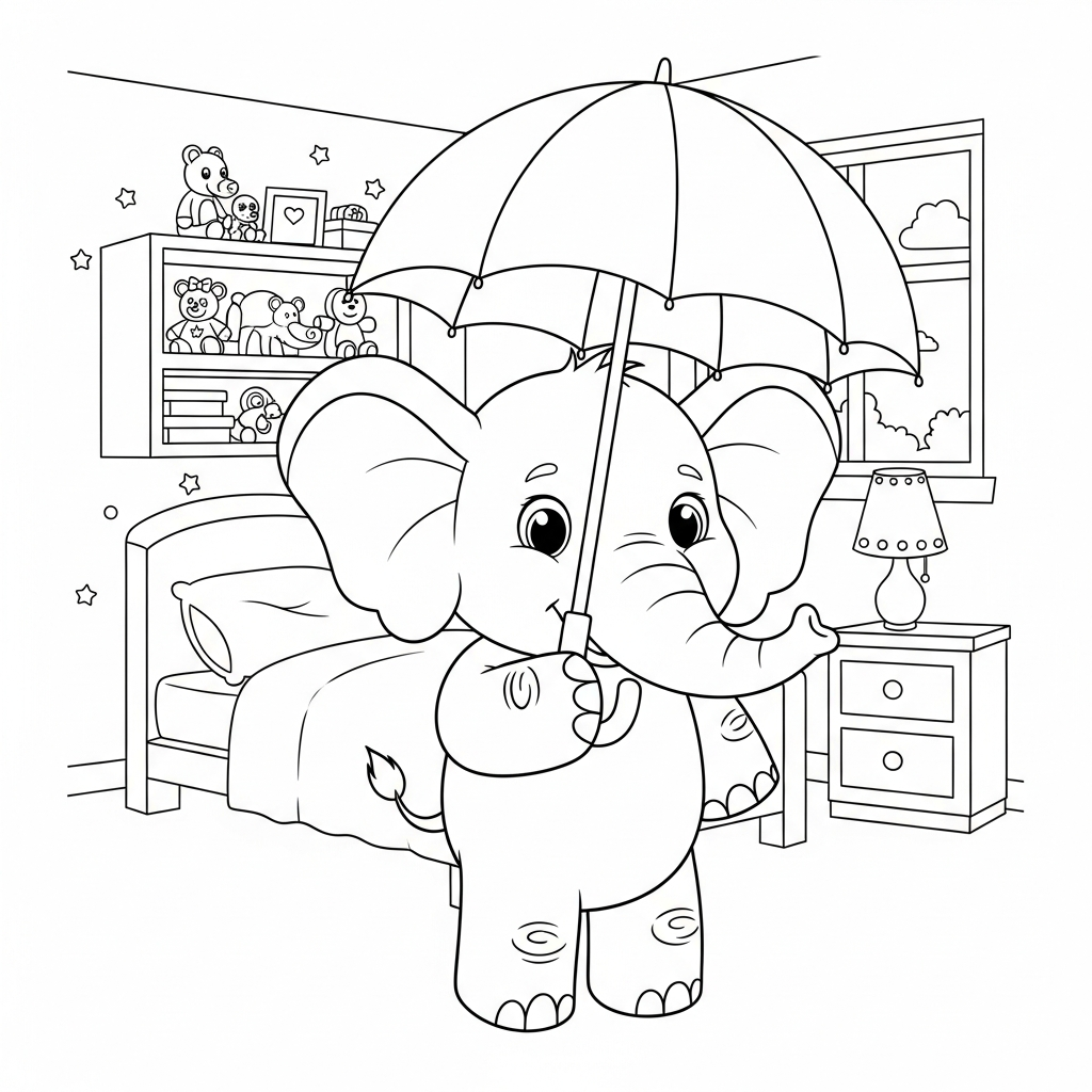 Desenho de elefante para colorir segurando guarda-chuva no quarto com cama e brinquedos