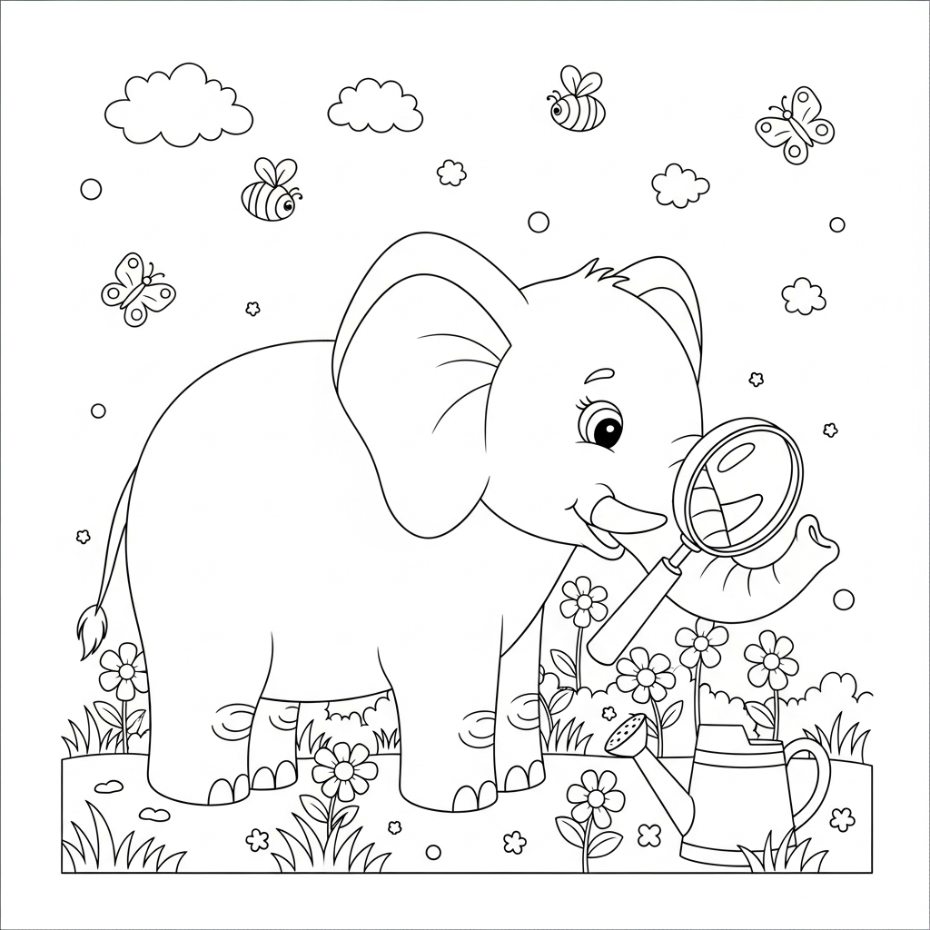 Desenho de elefante para colorir segurando lupa e investigando jardim com flores e abelhas.