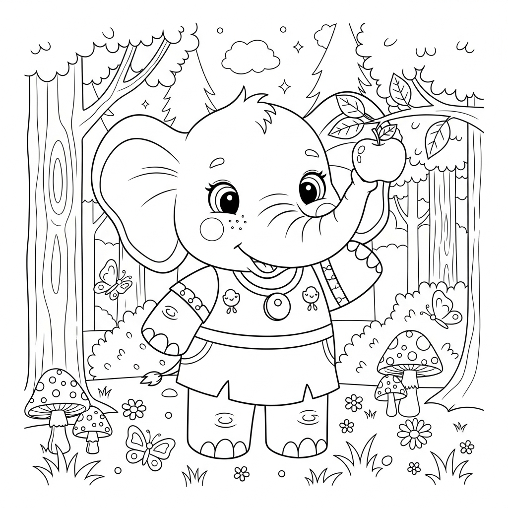 Desenho de elefante para colorir colhendo maçã do galho na floresta com cogumelos.