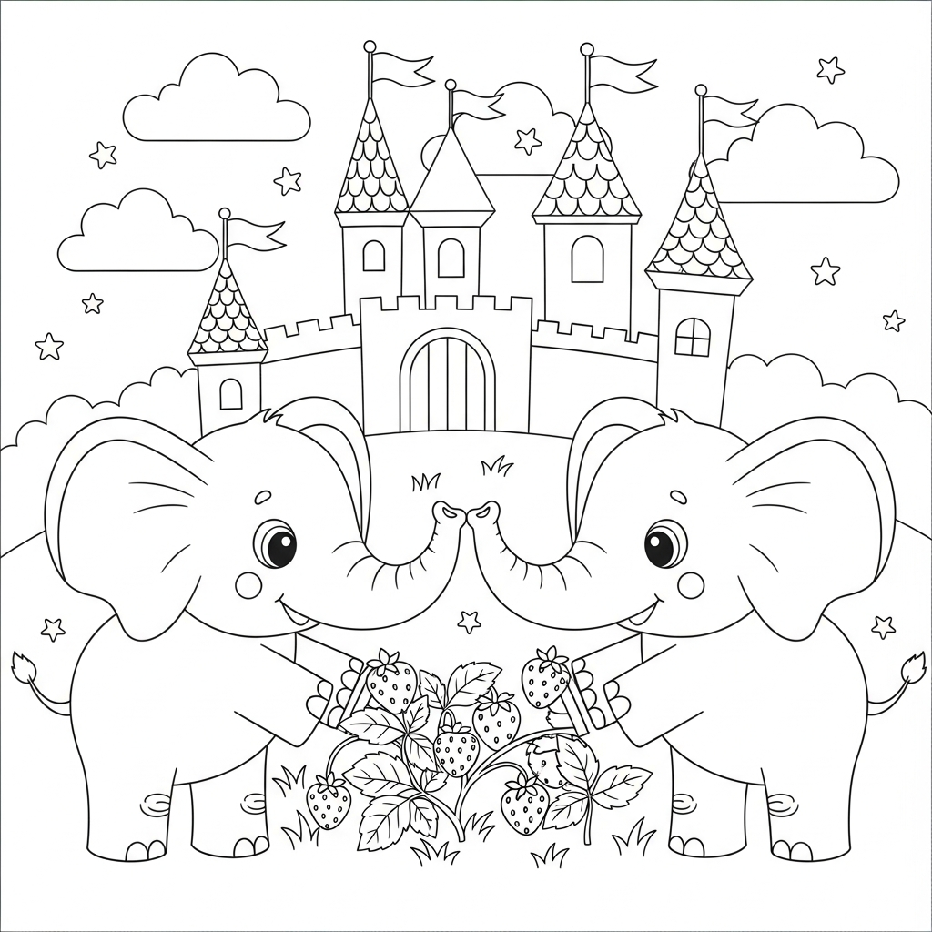 Desenho de elefante para colorir colhendo morangos diante de castelo encantado.