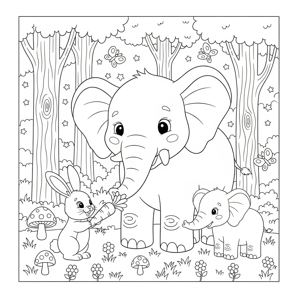 Desenho de elefante para colorir alimentando coelho com cenoura na floresta
